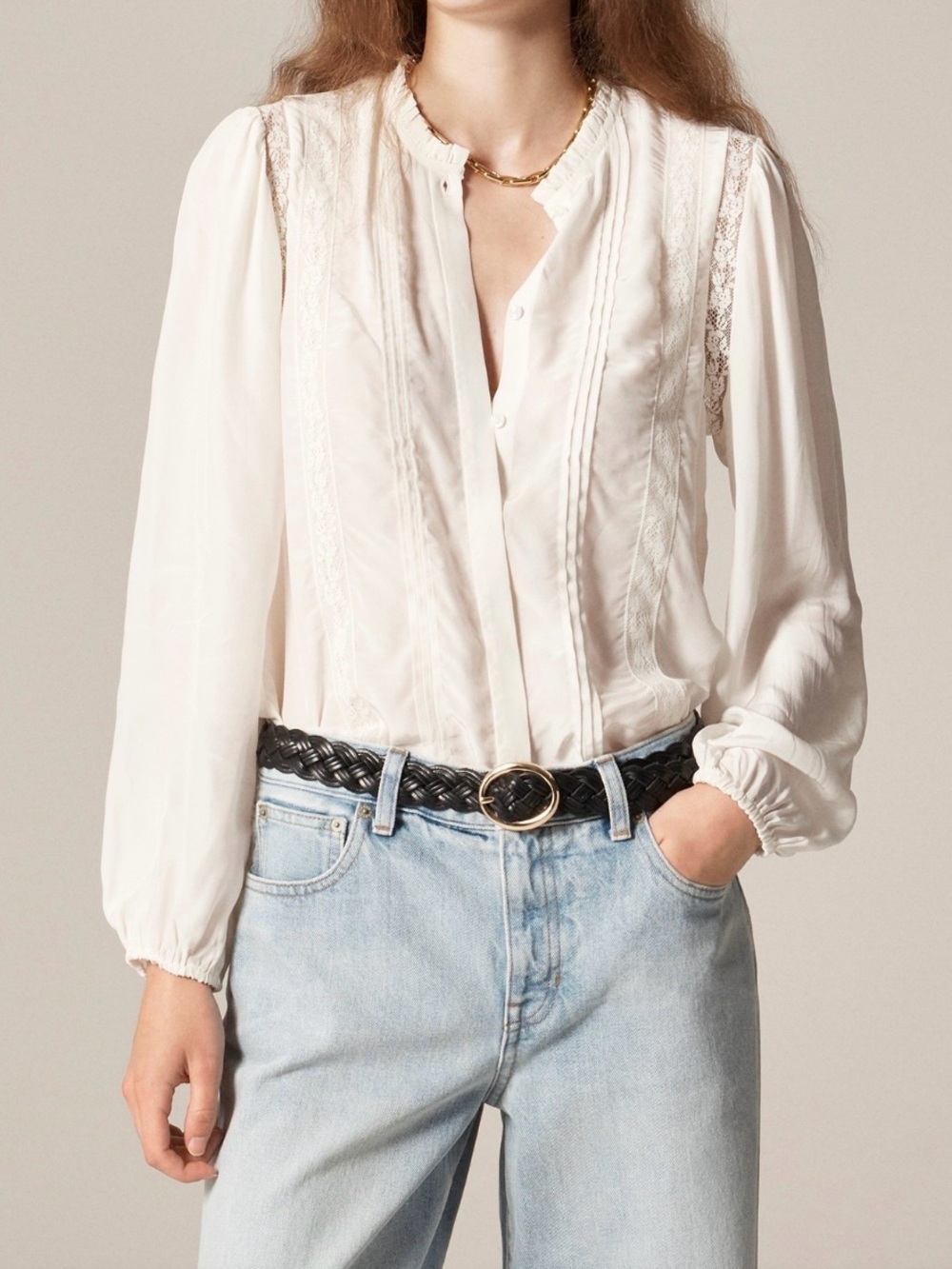 J. Crew Ivory Lace Trim Pintuck Ruffle Collar Top in Crepe de Chine, Sz 18, NWT